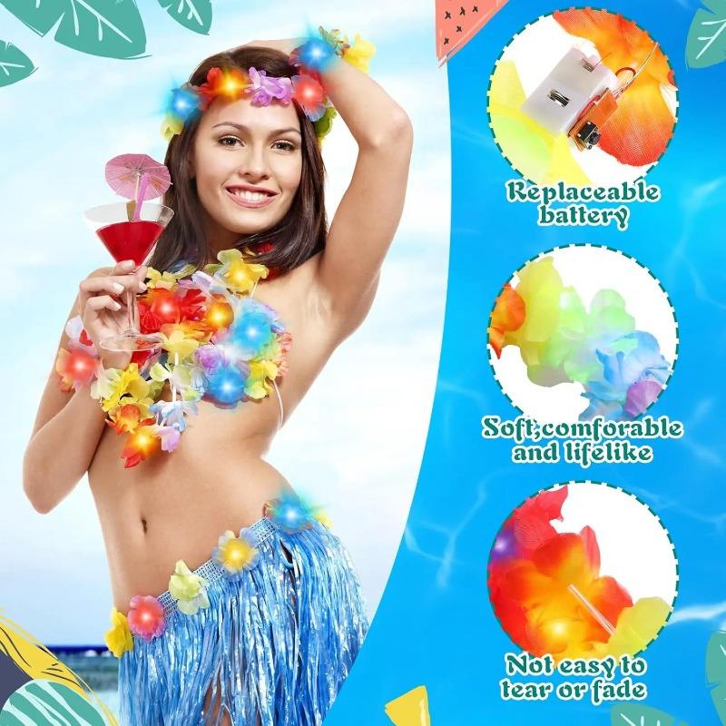10Pcs LED Hawaiian Leis Light up Flower Leis Necklace Luau Flowers Wreath Garlands Beach Wedding Tropical Themed Party Supplies