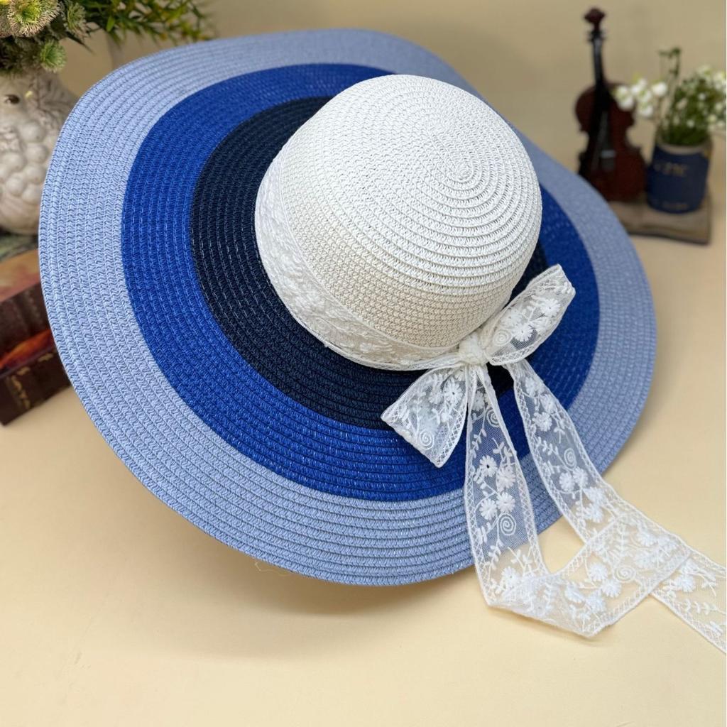 Women's Colorful Patchwork Straw Hat with Large Brim Summer Travel Sun Protection Rainbow Headband