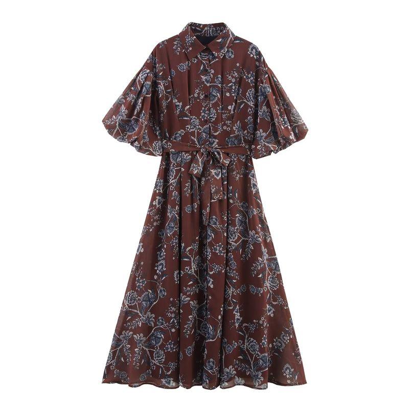 Kaslead New Women Clothes Western Style Fashion Shirt Single-Breasted Chiffon Printing Puff Sleeve Dress