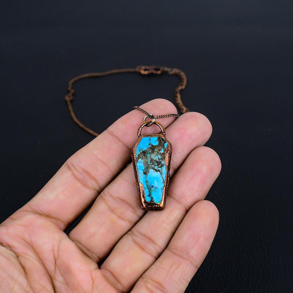 Blue Turquoise Handmade Gemstone Pendant, Copper Electroformed Antique Jewelry Pendant, For Engagement Gift