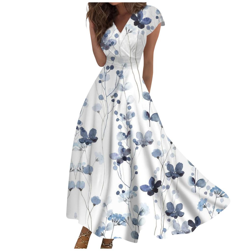 Langes Damenkleid, Maxikleid, Freizeitkleid, Chiffon-Kleider, Swing-Kleid, einfarbig, lässig, reif, Outdoor, Alltag, Date, gerüscht, kurzärmelig, V-Ausschnitt