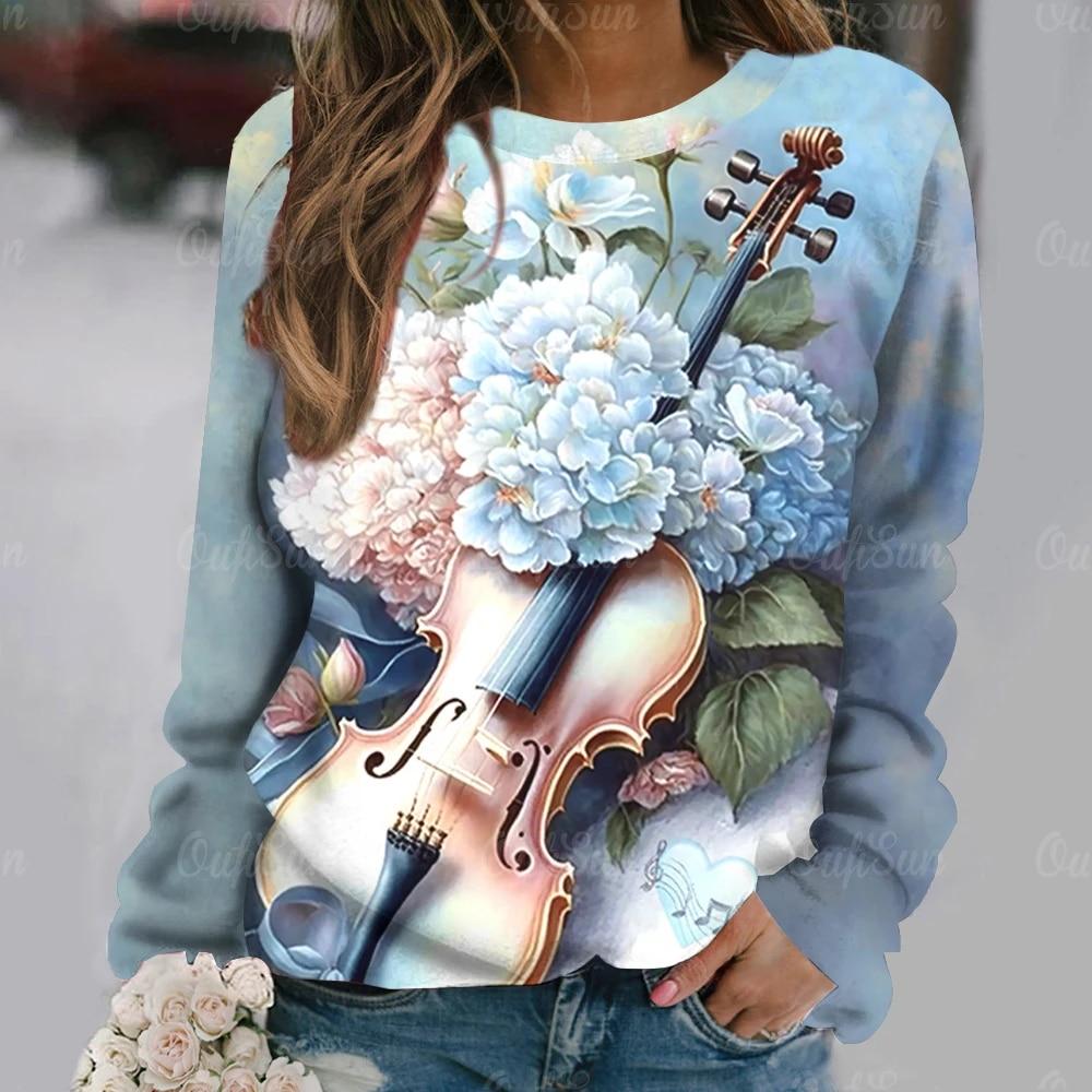 

Oversized Long Sleeve Tops For Women 3d Print T-Shirts O-Neck Y2k Fashion Violin Print Female Large Size Casual Clothing