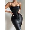 European & American Nightclub Sexy PU Leather Bodycon Dress - Little Black Dress with Ruched Spaghetti Straps