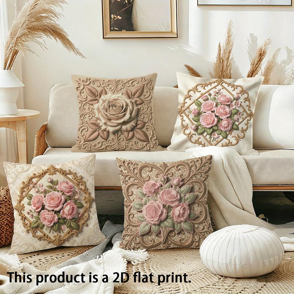 1/4pcs Floral-Patterned Decorative Cushion Covers Sofa Bed Cushion Cover Home Bedroom Decoration, 2D Flat Printing