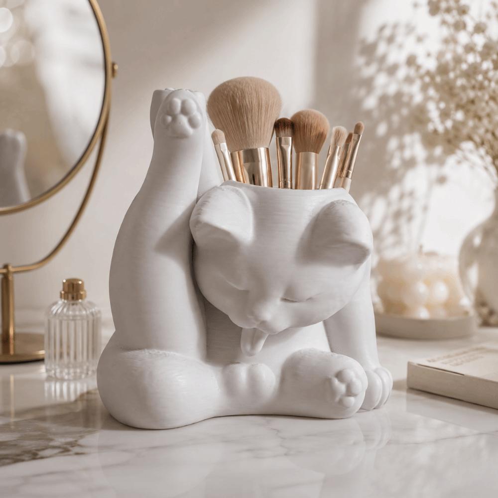 Funny Makeup Brush Holder 3D Printed Desk Storage Box Licking Paw Cat Statue Stationery Storage