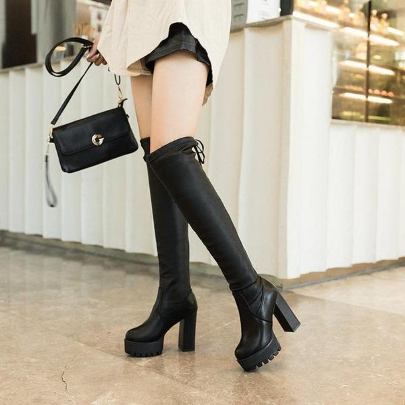 2026 Women's Over-the-Knee Chunky Heel Boots Super High Heels with Furry Lining Stretch Fabric Back Tie Slimming Long Boots