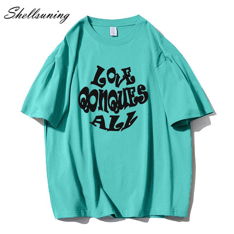 Shellsuning Oversized Letter Graphic T Shirts Men Summer Soft 100% Cotton Short Sleeve Tees Female Trendy Loose High Street Tops