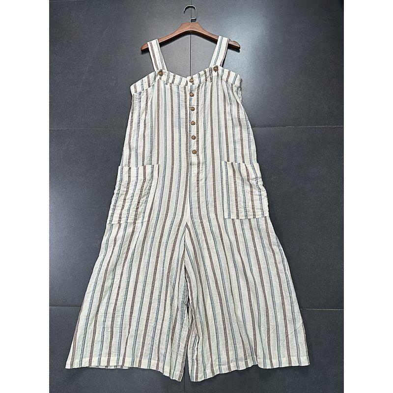 

Yanzi Экспорт Хлопок и Лен Серия Подтяжки Деревянная Пряжка Свободный Крой Шаровары Комбинезон Артистичный Стильный Комбинезон Apricot wide stripe BT4036 L