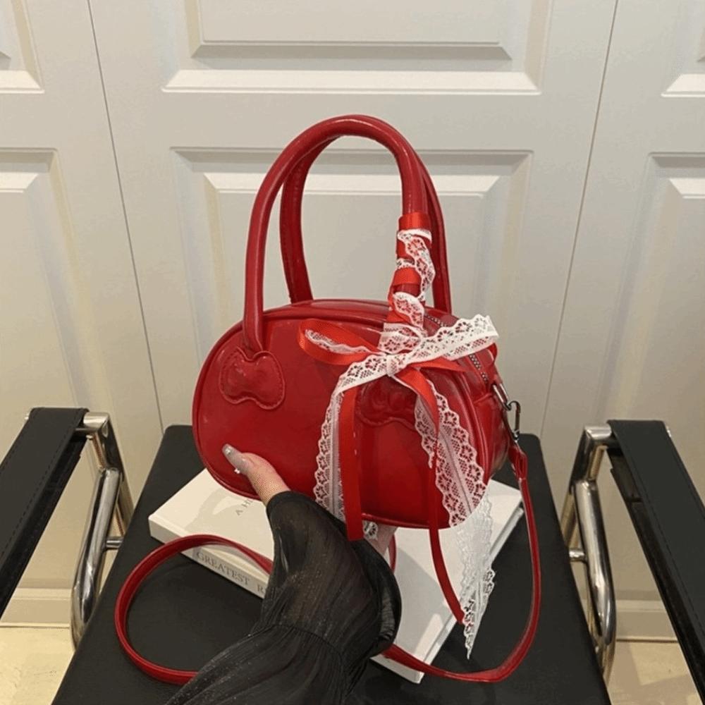 Pu Leather Lace Ribbons Boston Bag Korean Commute Handbag Niche Bow Crossbody Bag Purse