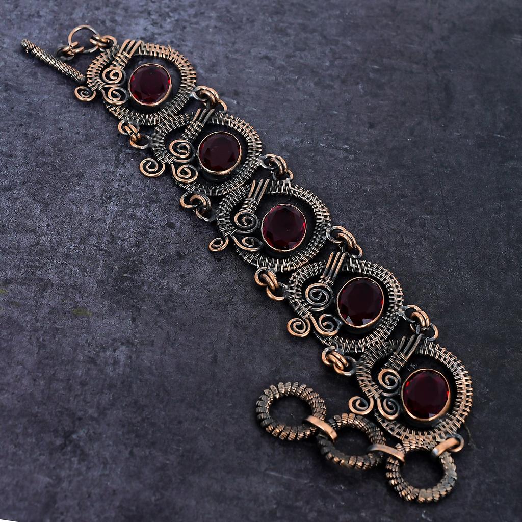 Natural Mozambique Garnet Gemstone Handmade Copper Wire Wrap Bracelet 7-8" C8C44