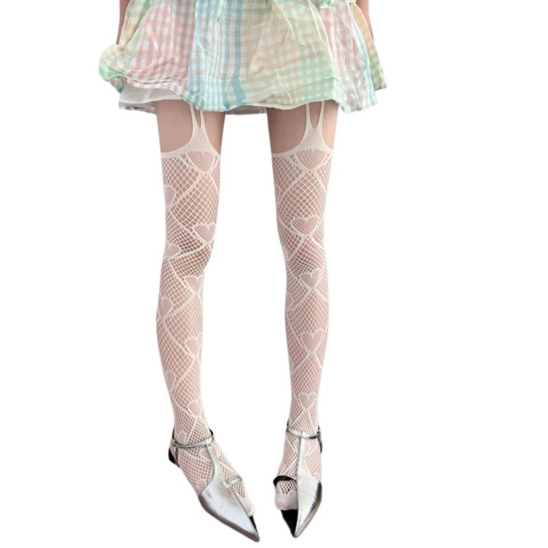 Women Gothic Fishnet Mesh Garters Thigh High Stockings Tights Hollowed Sweet Heart Patterned Sheer Suspender Pantyhose