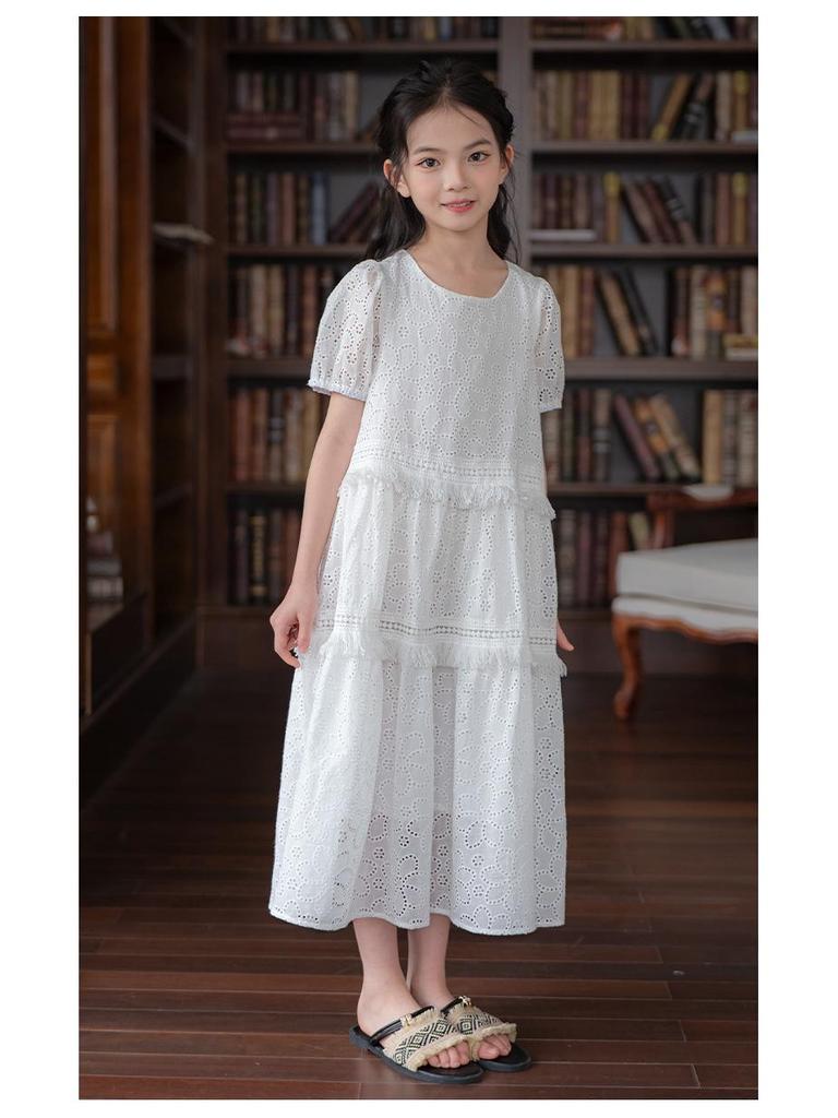 Girls' Embroidered White Cotton Dress – Sweet Bubble Sleeve Cake Design for Summer