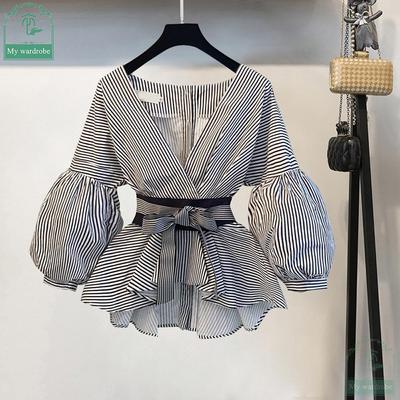 Chemisier chemise femmes mode nœud col en v rayé élégant dames hauts vêtements féminins