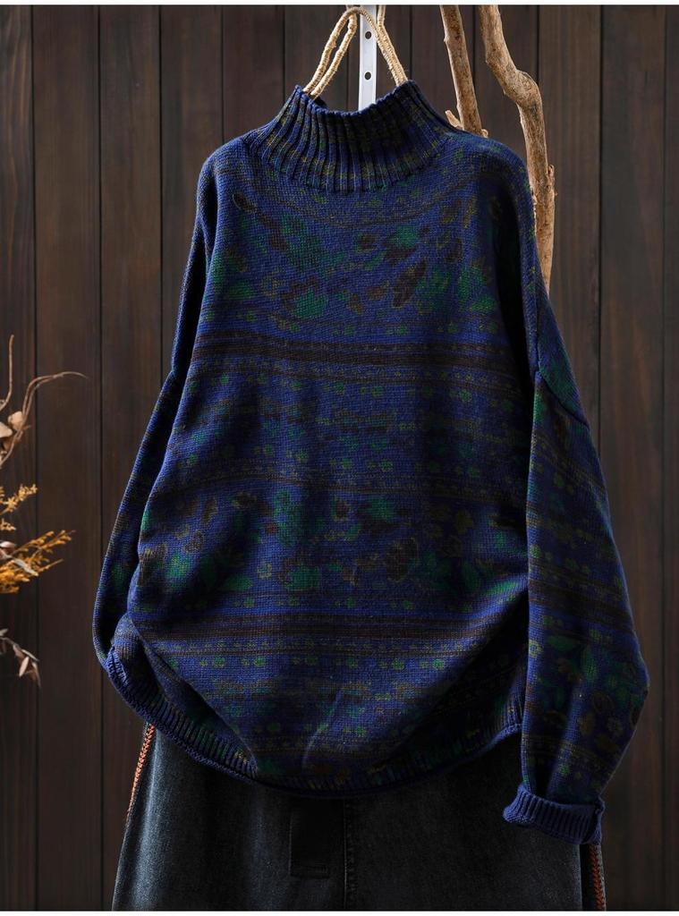 Women's Retro Style Printed Knit Sweater with Half-High Neck