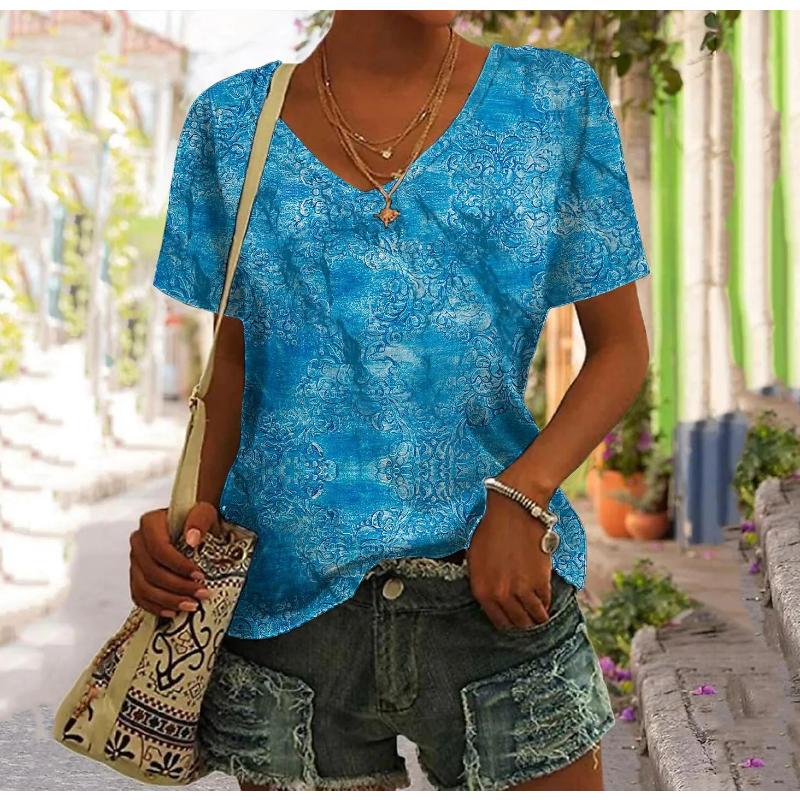 2023 Retro T Shirt For Women Harajuku Clothes Women's Tees Summer Casual Short Sleeve Girls Blouse Floral Print Female Tops