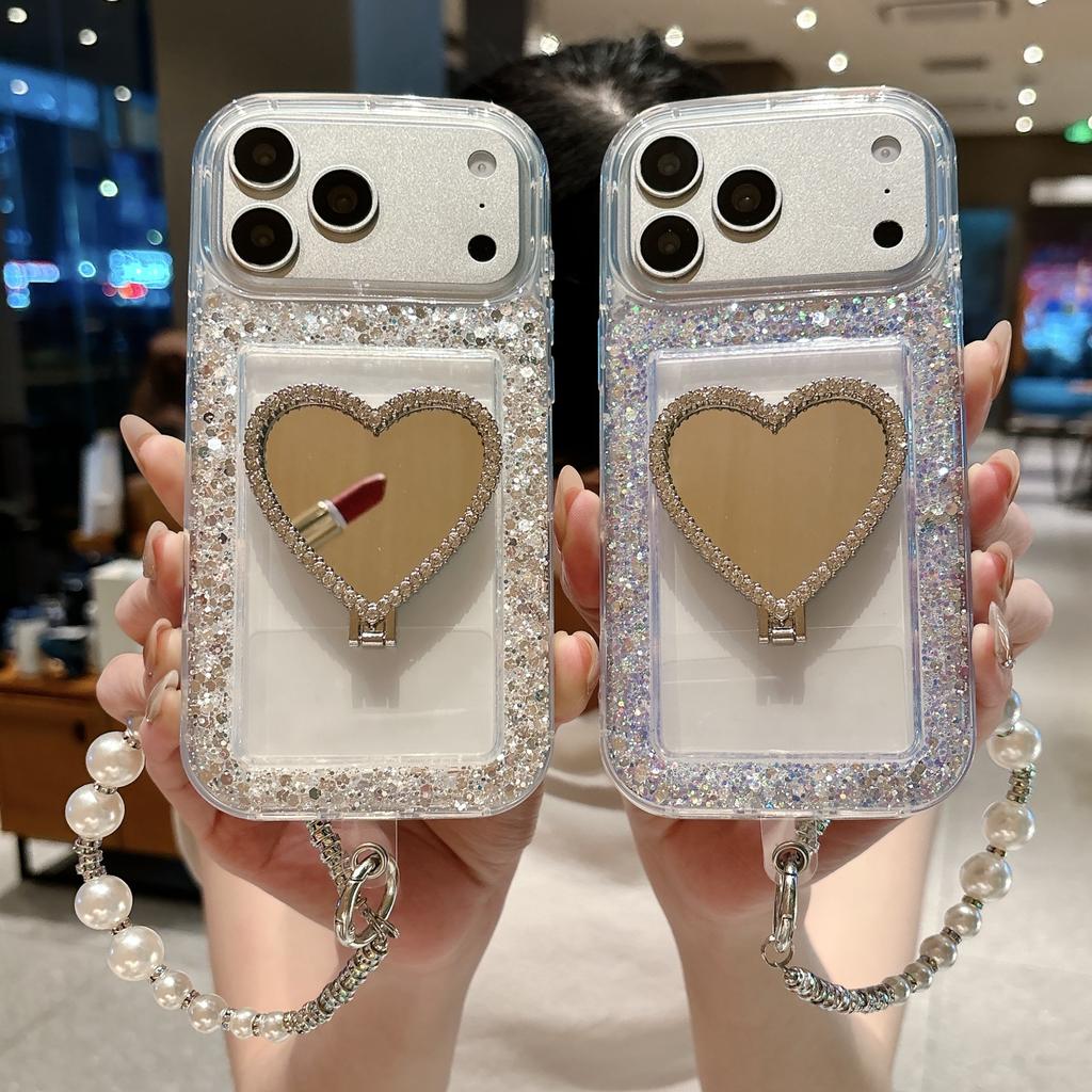 Applicable to Apple 17proMax glitter bread shell love mirror + bracelet 16 protective case 15 mobile phone case material