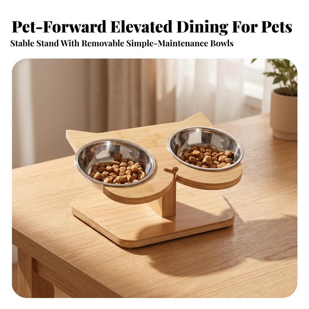 Wooden Pet Feeding Stand with Stainless Steel Bowls Compact for Cats, Young Dogs