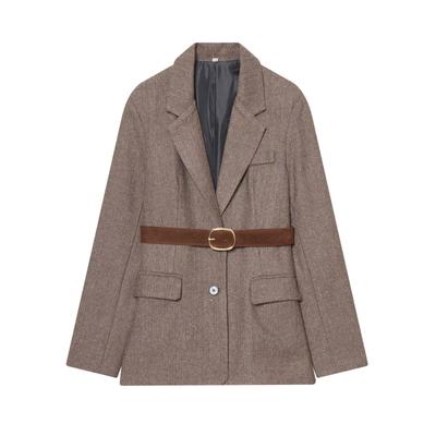 Women's Herringbone Twill Long-Sleeve Suit Jacket with Belt - Autumn/Winter European/American Style