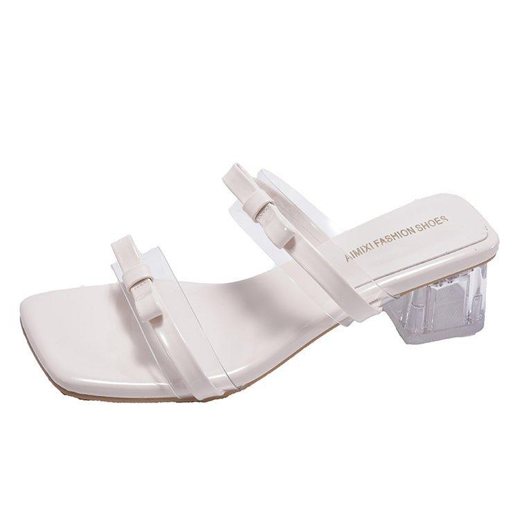 Square Head Bow Crystal Heel French Sandals Girl 2025 New Summer High Heel Fairy Style Thick Heel Sandals Sweet