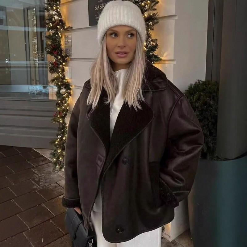Womens Faux Suede Fur Lined Jacket Winter Warm Casual Streetwear Coat