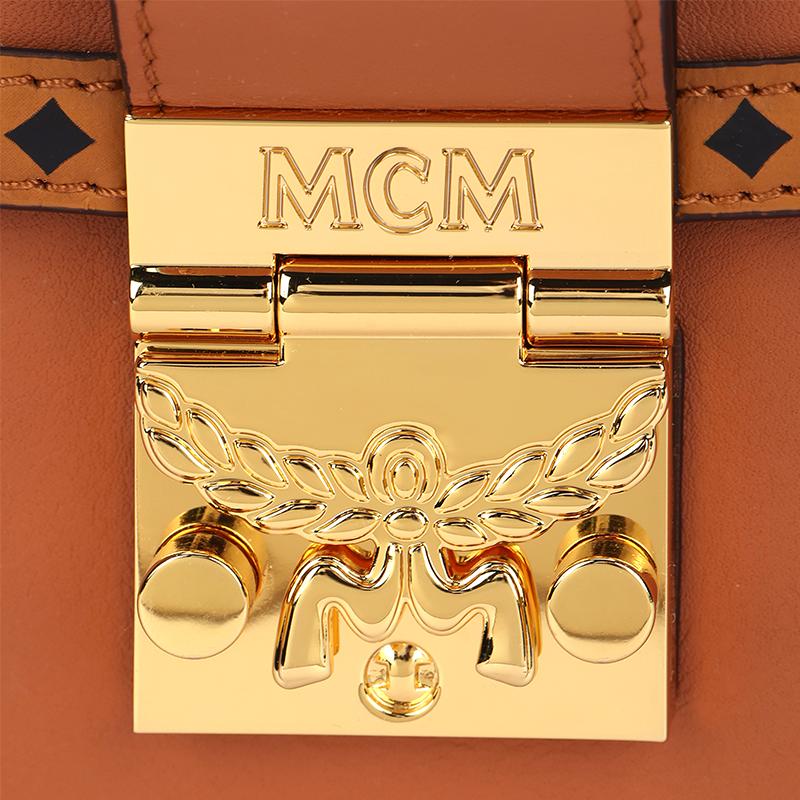 MCM Tracy Metal Logo Monogram Trim Adjustable Shoulder Strap Calfskin Crossbody Bag Small Women crossbody bag Brown Cognac MWSDSXT02CO001