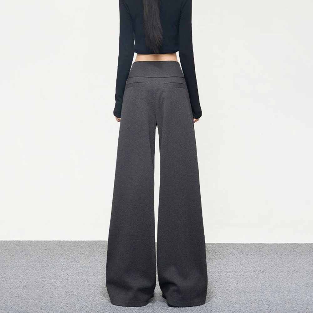 Dark Gray Wide Leg Pants Women Korean Simple Office Lady Loose Button Trouser High Waist Casual Female Vintage Spring Pants