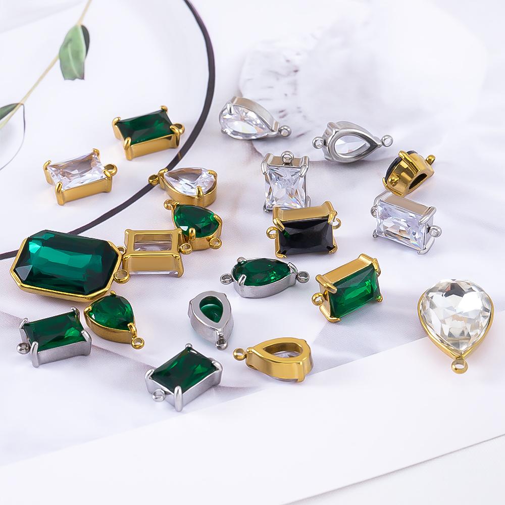 5pcs PVD Plated Stainless Steel Crystal Glass Charms Pendants Waterdrop Rectangle Charms for Necklaces Beads DIY Jewelry Making