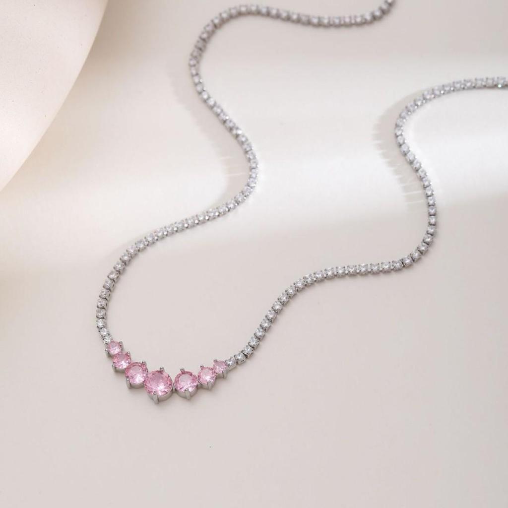 Versatile Pink Cubic Zirconia Pendant Necklace - Minimalist Round Design, Sweet Women's Clavicle Chain Choker
