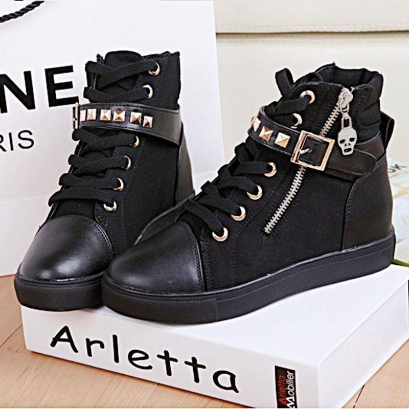 Foreign Trade Canvas Shoes Zipper Rivet Belt Buckle Shoe Chain High-top Leisure Sports Women's Shoes Size 43 Versatile Martin Boots