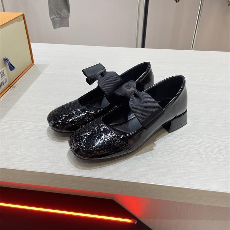 Miu Style Bow Leather Mary Jane Single Shoes Women's Spring Engraved Thick Heel High Heels Small Leather Shoes Ladyshoes
