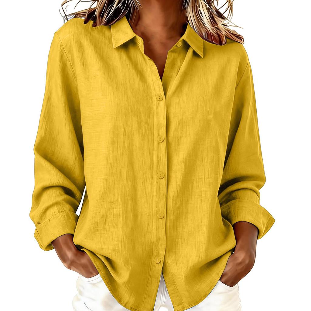 European & American Women's Spring/Summer Lapel Cardigan: Loose Long Sleeve Cotton & Linen Casual Shirt, Versatile for Any Occasion