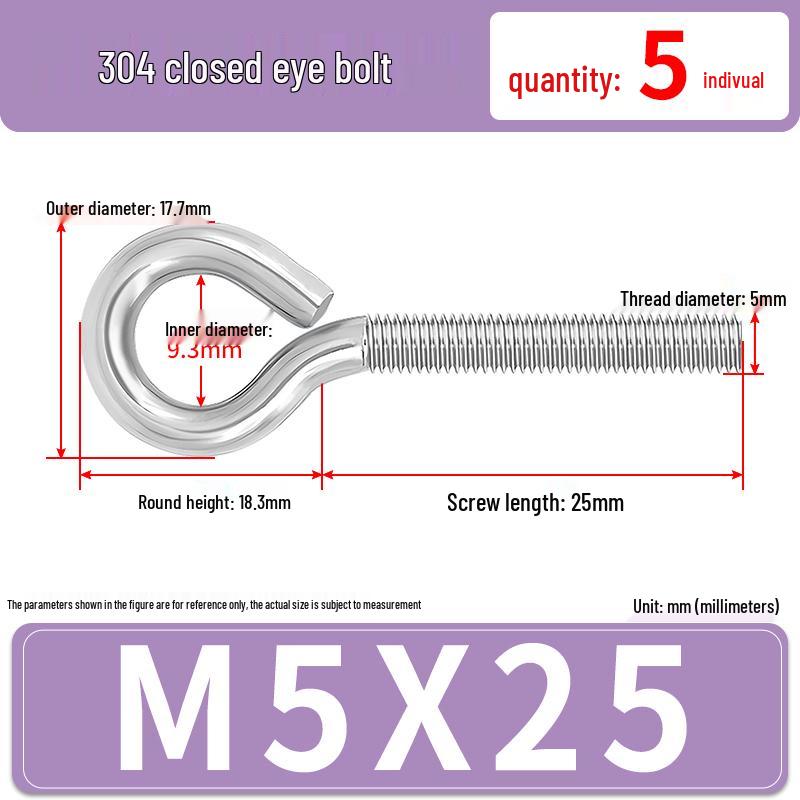 304 Stainless Steel Eyebolt with Ring Hook – Machine Thread Closed Eye Bolt (M4 M5 M6 M8)