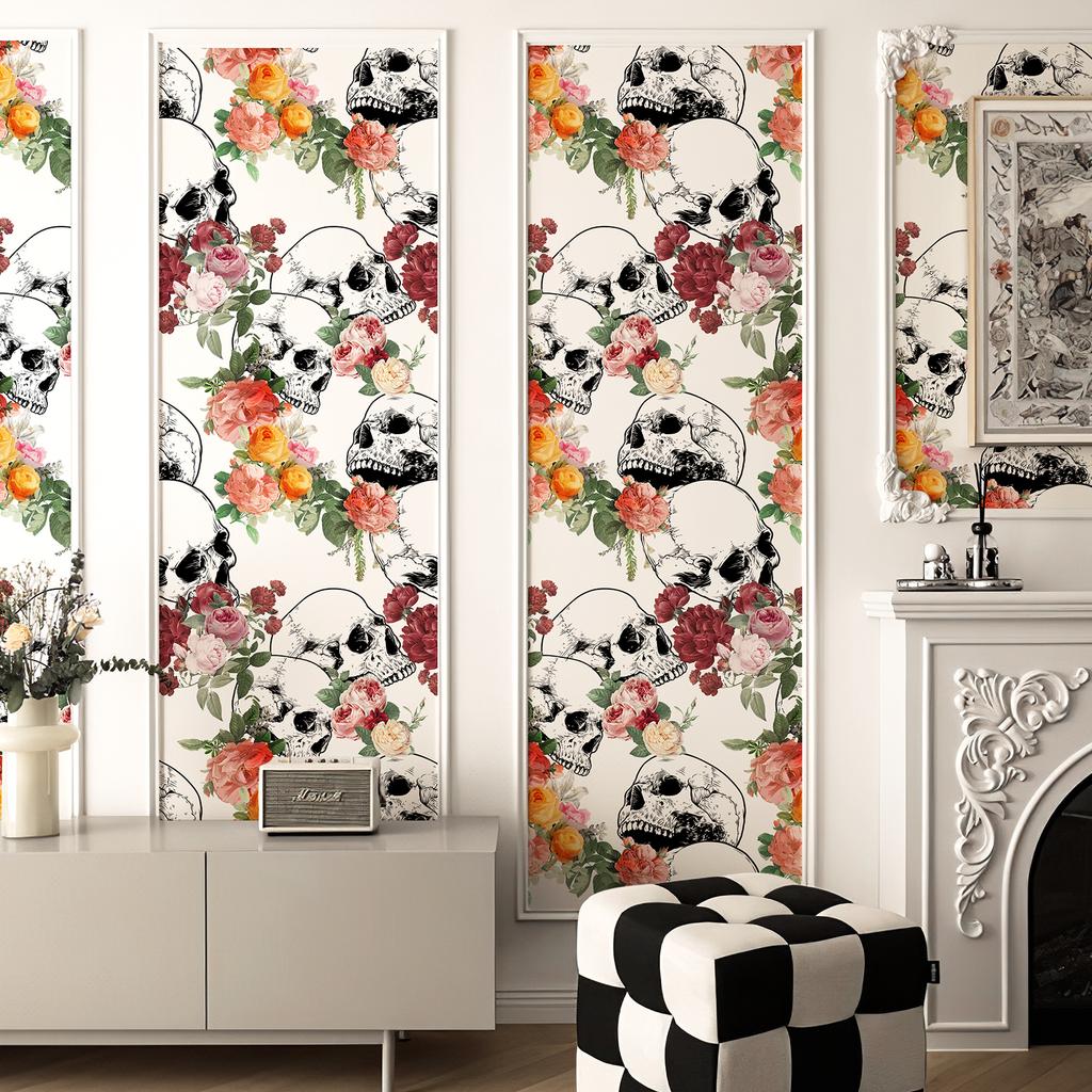 White Skull Rose Vinyl Wallpaper Chic Halloween Peel And Stick Flower Wall Decor Festival Self Adhesive Cabinet Sticker