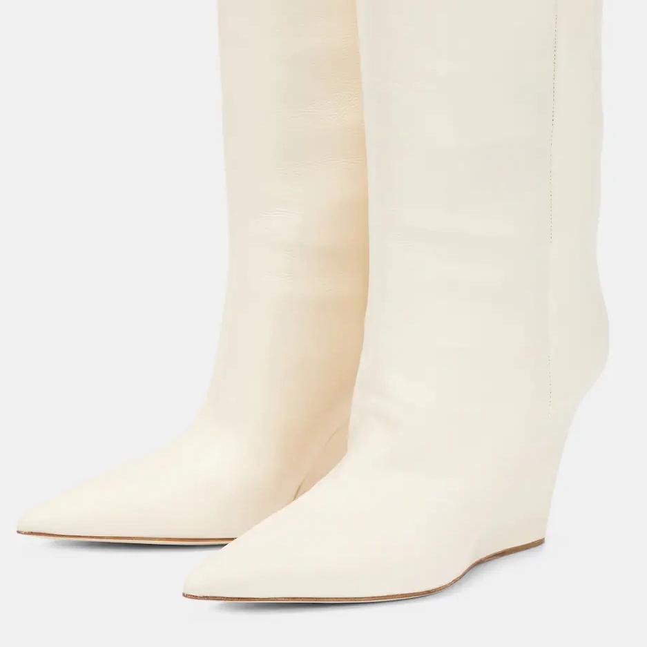 

Взуття зі сплітової шкіри Krazing Pot Cow Осінь Зима Туфлі на танкетці Високі підбори Великий розмір 46 Жіночі чоботи для зігрівання стегна 43 слонова кістка