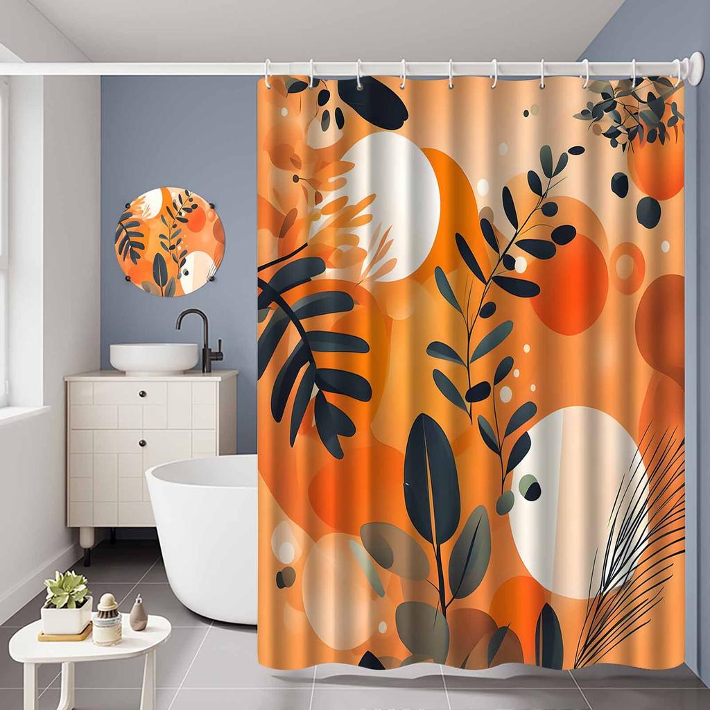 1pc Simple Floral Leaf Pattern Shower Curtain, Polyester Fabric, Machine Washable, with Hooks, Suitable for Bathroom Decor.