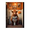 Goldendoodle Affe Hochlandrind auf der Toilette Zeitung lesend Poster Tierdruck Leinwandbild Lustige Badezimmer Wanddeko