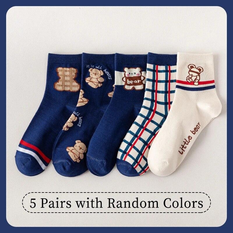 

5 пар женских весенних демисезонных милых мультяшных полосатых молодежных красивых модных и удобных носков до середины икры All yards