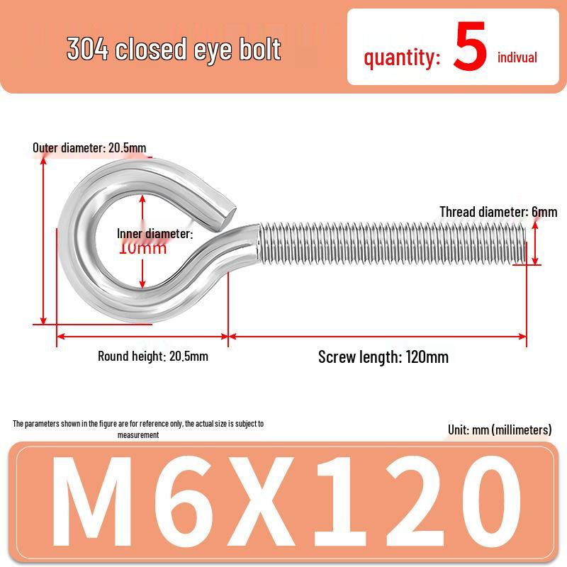 304 Stainless Steel Eyebolt with Ring Hook – Machine Thread Closed Eye Bolt (M4 M5 M6 M8)