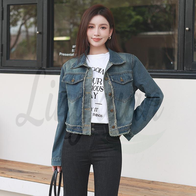 Женская ретро короткая джинсовая куртка с воротником-поло M синий