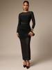 European and American New Round Neck Mesh Stitching Solid Color Slim-fitting Hip-wrapped Pleated Edge Women's Long Group