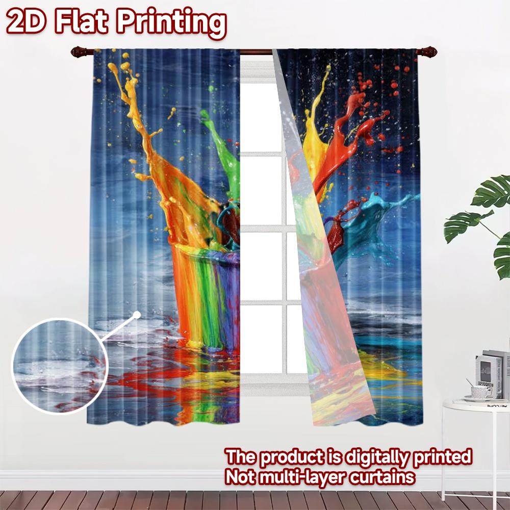 2D flat printing 2pcs Curtain Curtain Colorful Paint Splash Digital Printed Polyester Drapes Festive Curtains Perfect for Yard &
