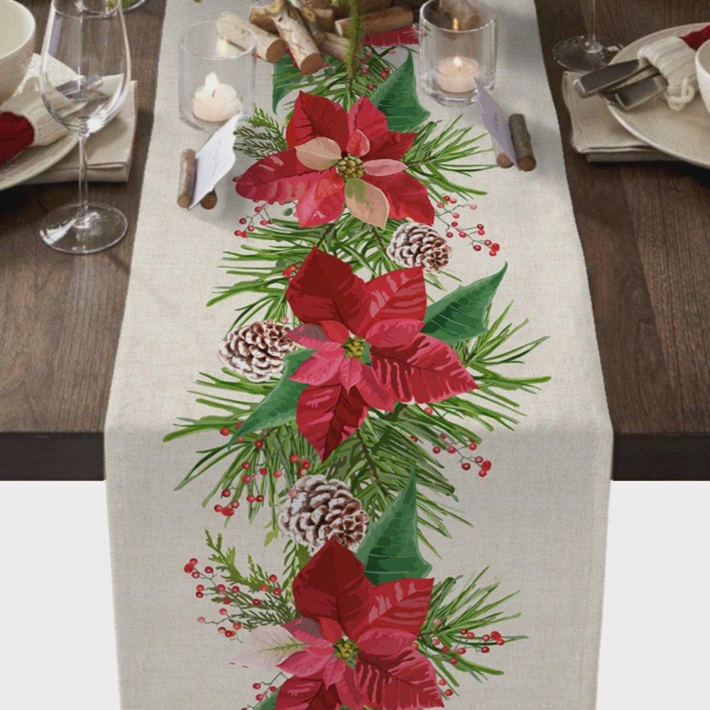 Christmas Tree Print Tablecloth New Year Party Decoration Table Runner for Wedding Christmas Style