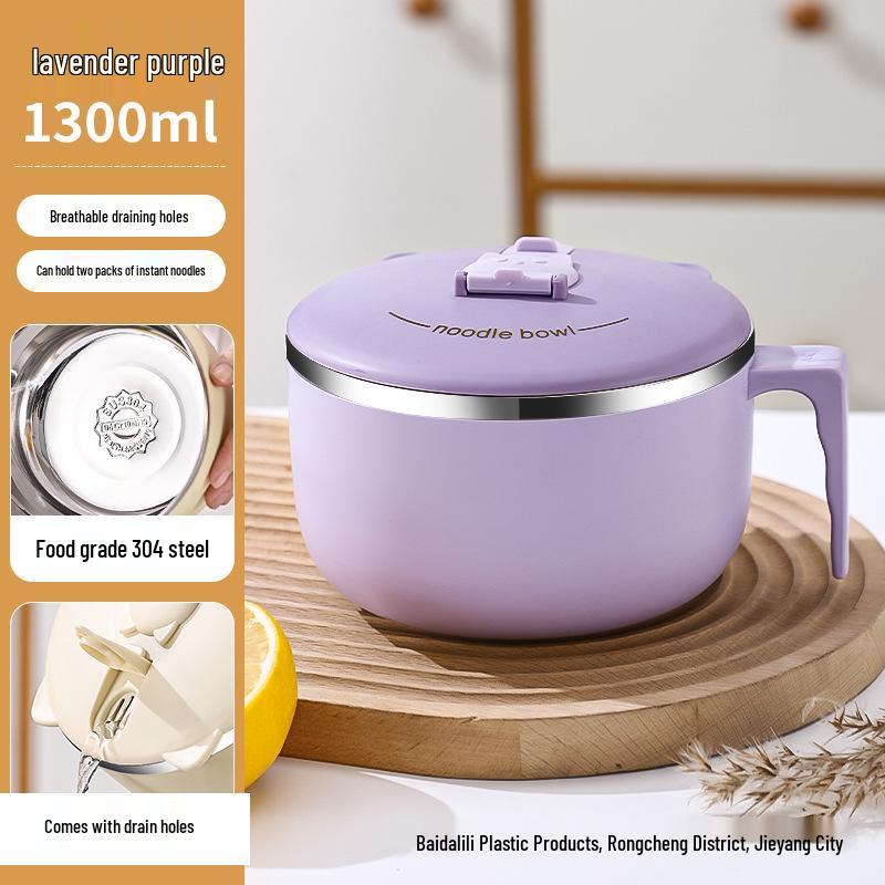 Large Capacity Japanese Style 304 Stainless Steel Insulated Noodle & Rice Bowl with Drain for Students & Office Workers