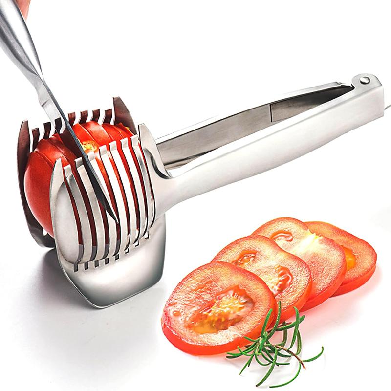 Aluminum Alloy Lemon Slicer Multipurpose Handheld Tomato Cutter Round Fruit Tongs Onion Holder Lemon Kiwi Fruits Cutting Slicer
