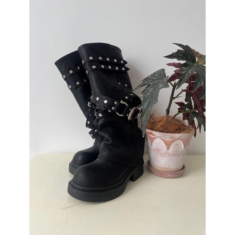 

Осенние новые ботильоны Maillard женские ретро круглый носок нишевый дизайн длинные сапоги заклепки рыцарские сапоги 40 чёрный