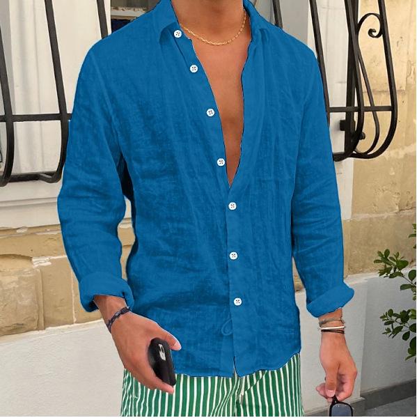 Men's Long Sleeve Linen Beach Shirt - Solid Color, Casual, Turn-Down Collar, Spring/Summer Wear