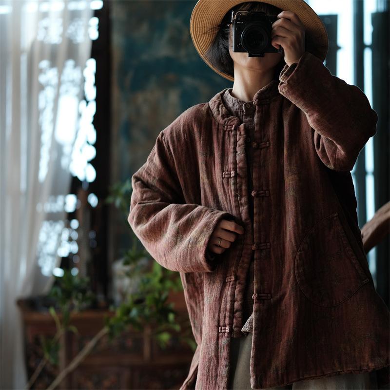 Johnature femei vintage din bumbac parkas calde cu mâneci lungi cu nasturi paltoane de iarnă cu imprimeu buzunare florale parkas pentru femei