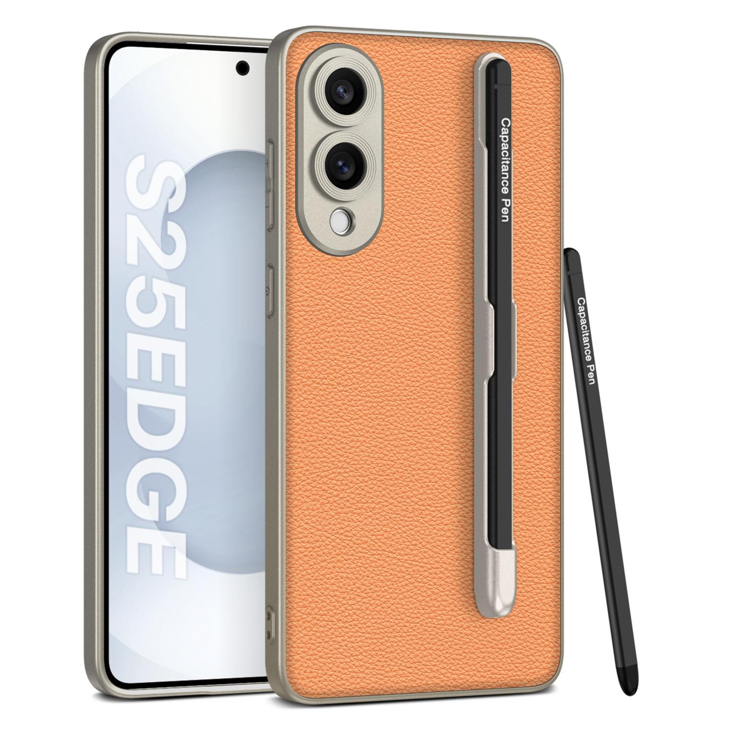 

For Samsung Galaxy S25 Edge Case with Stylus Skin Touch PU+TPU+PC Phone Back Cover Orange