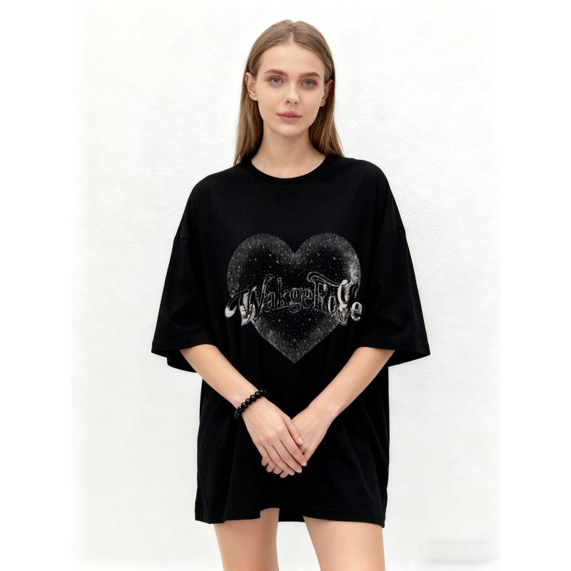 Oversized T Shirt Black Heart Print Wake The Life Graphic Tee Casual Streetwear Fashion Top Women Summer Outfit
