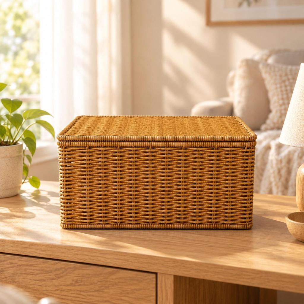 Rattan-Style Storage Basket with Fitted Lid Rustic for Living Room, Shelf